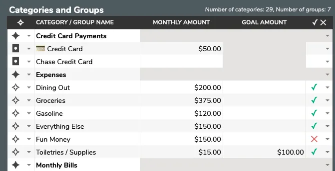Configuration tab showing budget categories and groups setup