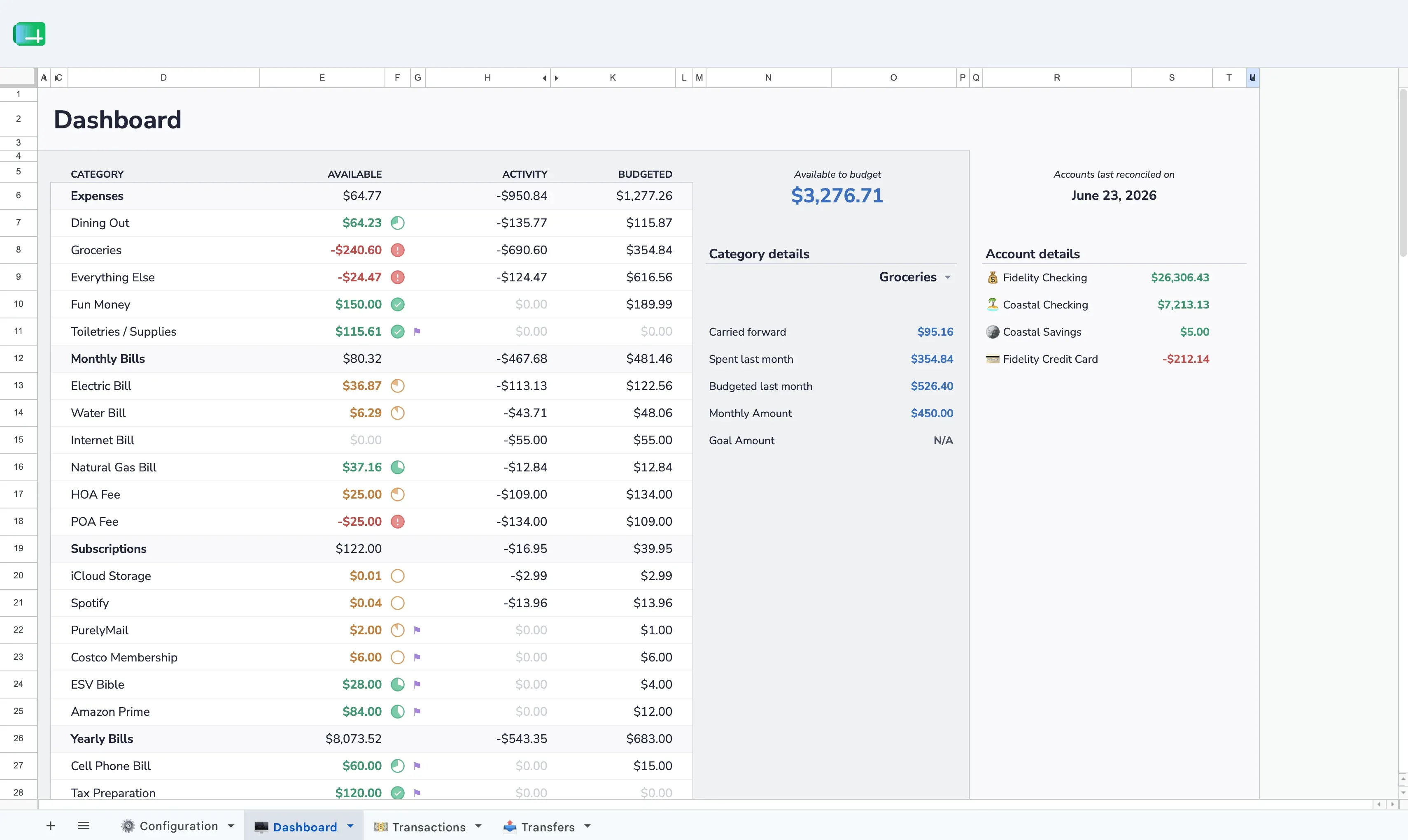 Aspire Budgeting dashboard showing category balances, account totals, and monthly budget overview in Google Sheets