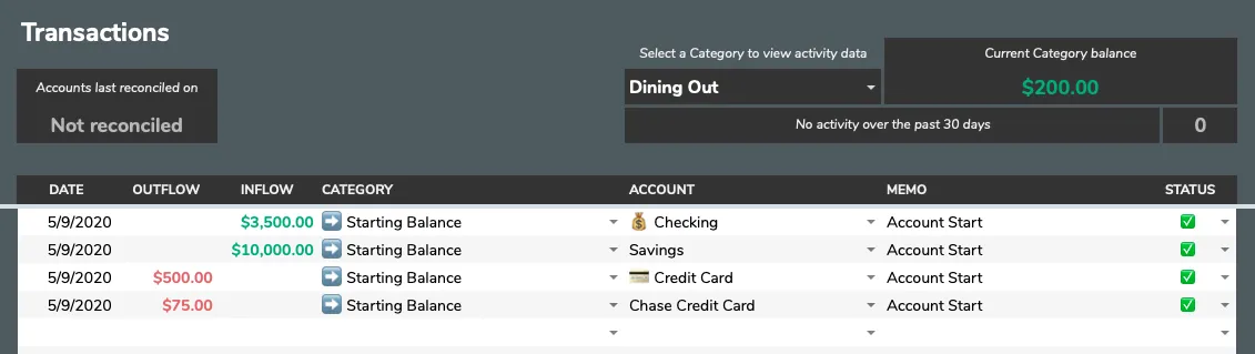 Transactions tab showing starting balance initialization for accounts